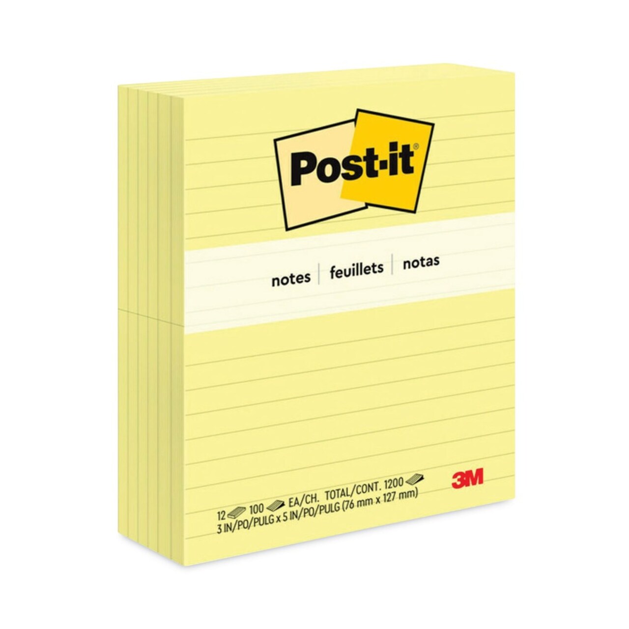 Post-it Notes 3 in. x 5 in. Note Ruled Original Pads - Canary Yellow (12/Pack)